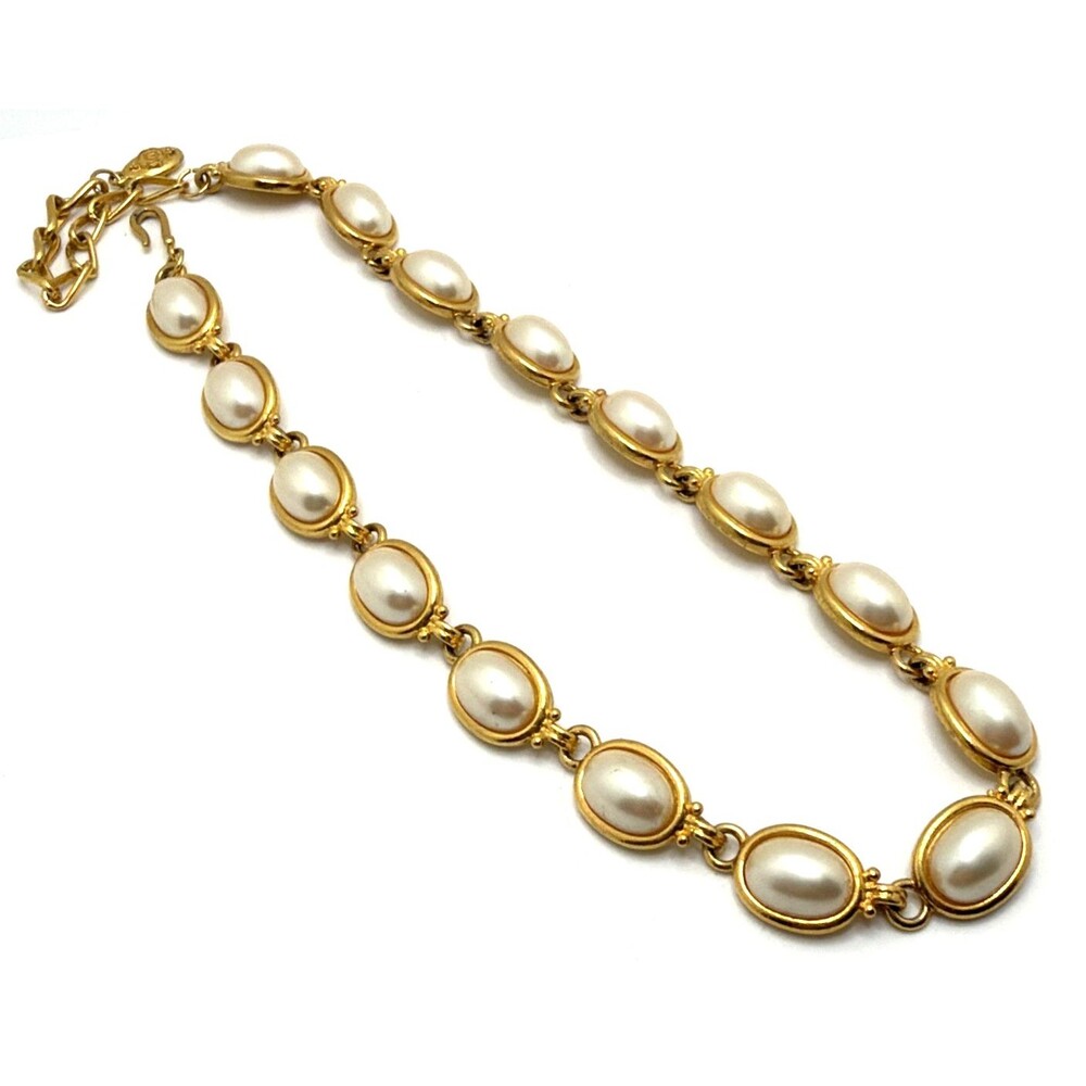 Vintage 1980s Liz Claiborne Faux Pearl Link Necklace Gold Tone 16" to 19" - Picture 3 of 8